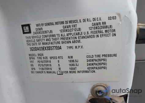 2003 Buick Rendezvous Cx from USA, damaged, VIN 3G5DA03EX3S577094